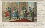 The Cake Walk. Color postcard of four couples dancing.