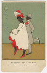 Stage Artistes: The Cake Walk.Color postcard of dancing couple, man in grey suit and top hat and woman in white dress and red shoes.