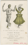 Advertisement for Cake Walk contest in Atlantic City, New Jersey, showing a boy in sailor suit and girl with plaits and fan.
