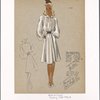 Belted dressmaker coat with blouselike bodice, full skirt and 4 vertical flapped bound pockets.