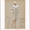Straight clutch coat with large fox fur collar and trapunto panels on both sides of center closing.