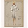 Soft dressmaker coat [with large flower-shaped buttons and tied belt at waist].