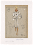 Soft dressmaker coat [with large flower-shaped buttons and tied belt at waist].