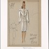 Suit featuring box-pleated skirt and drop-shoulder jacket with bishop sleeves