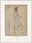 Plaid coat with large collar and double arrow-shaped welt pockets on bodice and at hips