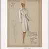 Fitted coat with row of tucks from collar to underarm and big buttons at neck and waist.