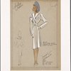Fitted, belted coat with wide collar and sideways pockets on bodice.