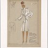Fitted coat with "sarong drape" and sloping shoulders.