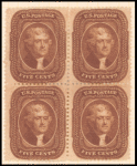 5c Jefferson orange brown block of four