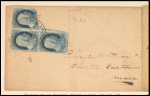 1c blue Franklin L-shaped block of three on cover