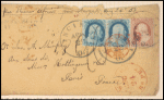 1c blue Franklin pair on cover with 3 cent 1851