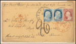 1c blue Franklin pair with 3c 1851 on cover