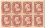 3c brown rose Washington plate essay block of eight