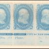 1c blue Franklin F. grill plate number and imprint strip of three