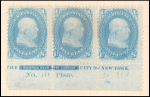 1c blue Franklin F. grill plate number and imprint strip of three