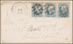 1c ultramarine Franklin strip of 3 on cover