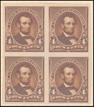 4c dark brown Lincoln imperforate block of four