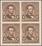 4c dark brown Lincoln proof block of four