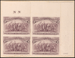 2c brown violet Landing of Columbus block of four