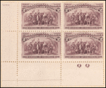 2c brown violet Landing of Columbus block of four