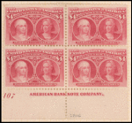 $4 crimson lake Queen Isabella & Columbus plate number and imprint block of four