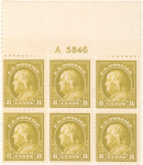 8c pale olive green Franklin block of six