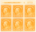 10c orange yellow Franklin block of six