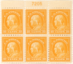 10c orange yellow Franklin block of six