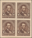 4c dark brown Lincoln proof block of four