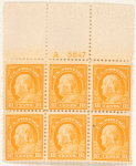 10c orange yellow Franklin block of six