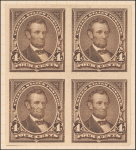 4c dark brown Lincoln proof block of four