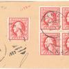 2c carmine rose Washington block of four and single on piece