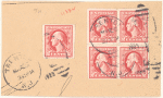 2c carmine rose Washington block of four and single on piece