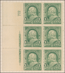1c deep green Franklin block of six