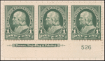 1c deep green Franklin strip of three