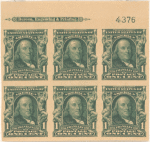 1c blue green Franklin block of six