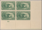 1c dark yellow green Jacques Marquette on the Mississippi block of four