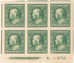 1c green Franklin block of six