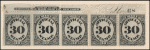 30c black numeral top imprint and plate number strip of 5