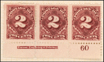 2c deep claret Postage Due strip of three