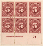 5c deep claret Postage Due block of six