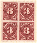 3c deep claret Postage Due block of four