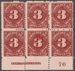 3c deep claret Postage Due block of six