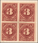 3c deep claret Postage Due block of four