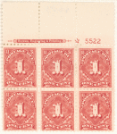 1c carmine lake Postage Due block of six