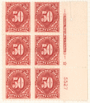 50c carmine lake Postage Due block of six