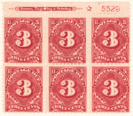 3c carmine rose Postage Due block of six