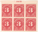 3c carmine rose Postage Due block of six