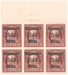 24c on 12c brown carmine Franklin block of six
