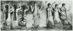 Stylized photo shot through gauze with manipulation of negative to achieve a flat, painted frieze-like effect of a line of female dancers in nymph costumes in Nijinsky’s ballet.
